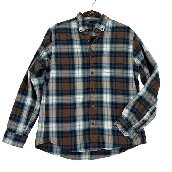 Eddie Bauer Flannel Shirt Mens M Brown Blue Plaid Classic Fit Button Up Cotton - Picture 1 of 8